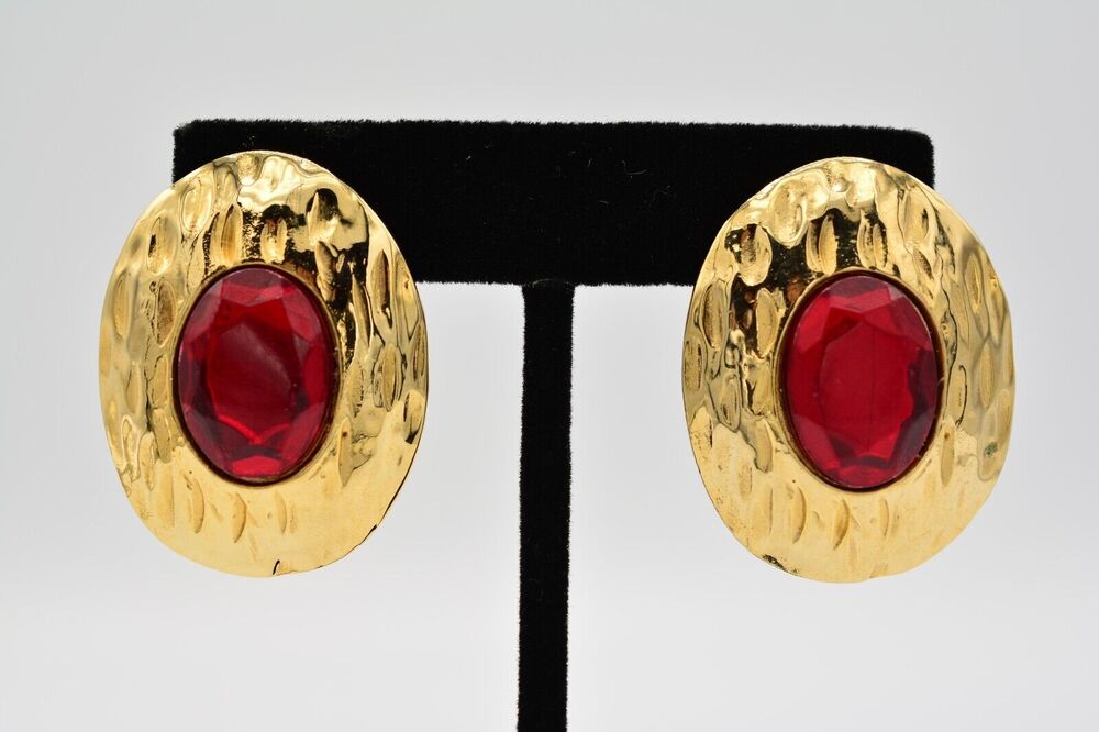 Ellen Designs Vintage Clip Earrings Red Crystal Gold Chunky Signed 1980s BinZ